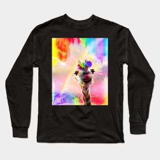 Rainbow Giraffe Wearing Love Heart Glasses Long Sleeve T-Shirt